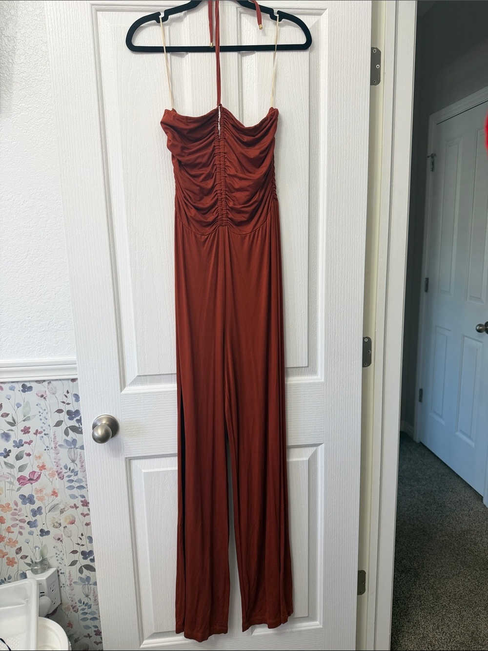Trina Turk Rust Ruched Halter Wide-Leg Jumpsuit